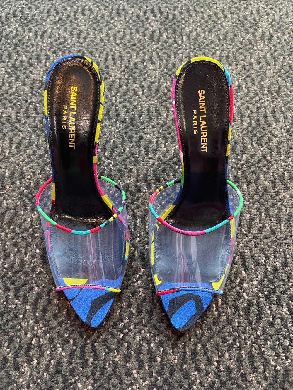 Saint Laurent Multicolor Clear Strap Pointed Mule with Neon Trim